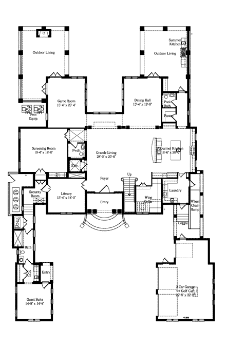 Italian House Plan 64727 with 5 Beds, 7 Baths, 3 Car Garage First Level Plan