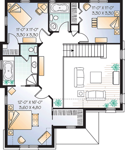 Narrow Lot, Traditional House Plan 64803 with 3 Beds, 3 Baths, 1 Car Garage Second Level Plan