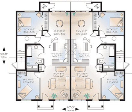 Colonial Multi-Family Plan 64825 with 8 Beds, 4 Baths First Level Plan