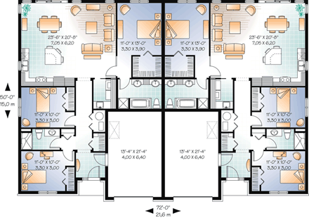 European Multi-Family Plan 64845 with 3 Beds, 2 Baths, 1 Car Garage First Level Plan