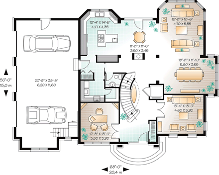 European House Plan 64847 with 4 Beds, 4 Baths, 3 Car Garage First Level Plan