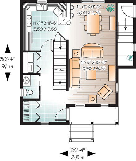 Narrow Lot House Plan 64853 with 4 Beds, 3 Baths First Level Plan