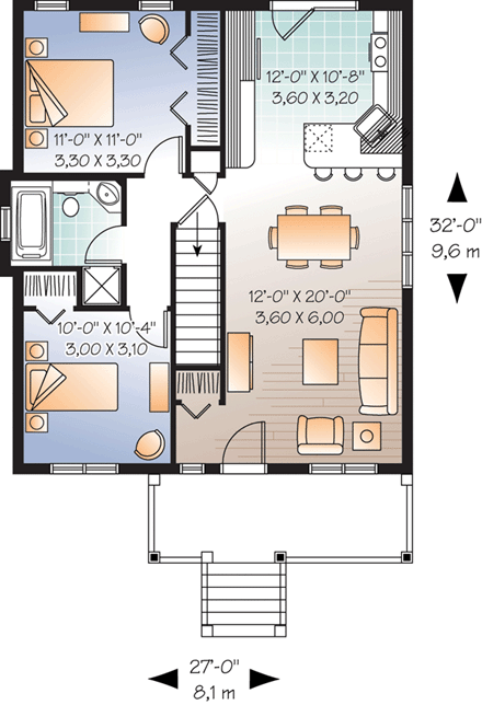 Bungalow, Country, Narrow Lot, One-Story House Plan 64887 with 2 Beds, 1 Baths First Level Plan