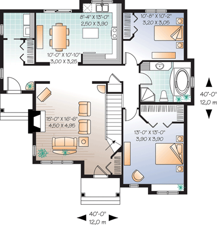 Bungalow, Country, Narrow Lot, One-Story House Plan 64888 with 2 Beds, 1 Baths First Level Plan