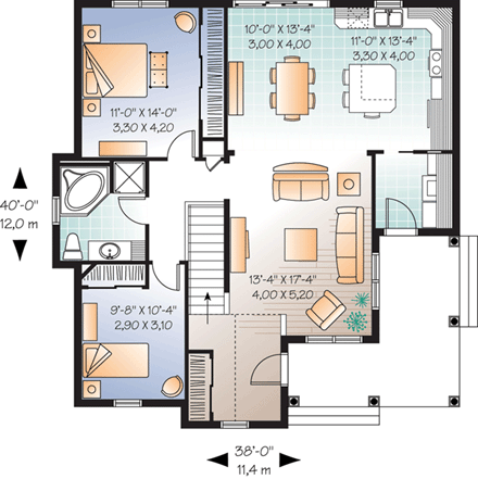 Bungalow, Country, Narrow Lot, One-Story House Plan 64890 with 2 Beds, 1 Baths First Level Plan