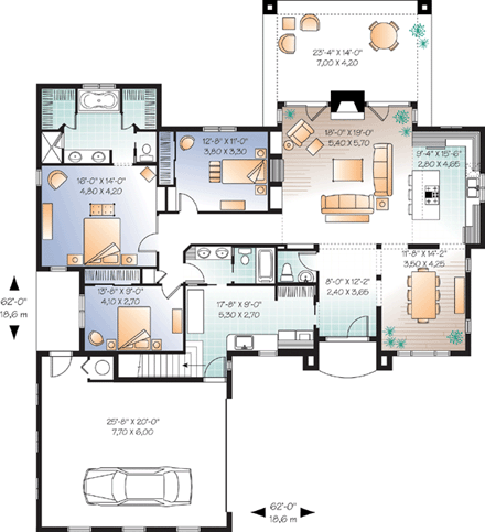 Florida, Mediterranean House Plan 64892 with 3 Beds, 3 Baths, 2 Car Garage First Level Plan