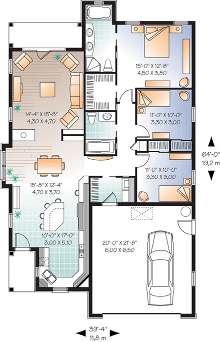 Florida, Mediterranean House Plan 64897 with 3 Beds, 2 Baths, 2 Car Garage First Level Plan