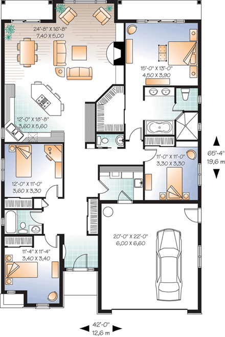 Florida, Mediterranean House Plan 64898 with 4 Beds, 3 Baths, 2 Car Garage First Level Plan
