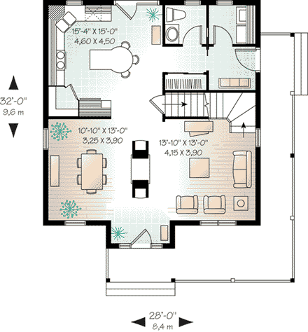 House Plan 64942 with 3 Beds, 2 Baths First Level Plan