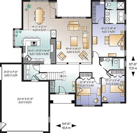 Bungalow, European, Florida, Mediterranean House Plan 64986 with 3 Beds, 2 Baths, 2 Car Garage First Level Plan