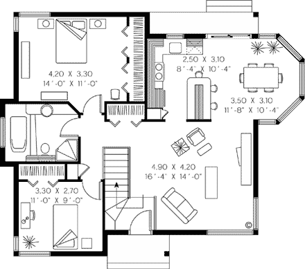 Contemporary, One-Story House Plan 65033 with 2 Beds, 1 Baths First Level Plan