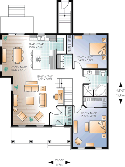Country, European House Plan 65042 with 2 Beds, 1 Baths First Level Plan