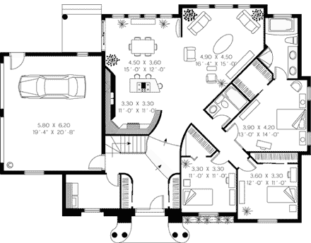 Colonial, European, Florida House Plan 65083 with 3 Beds, 2 Baths, 2 Car Garage First Level Plan