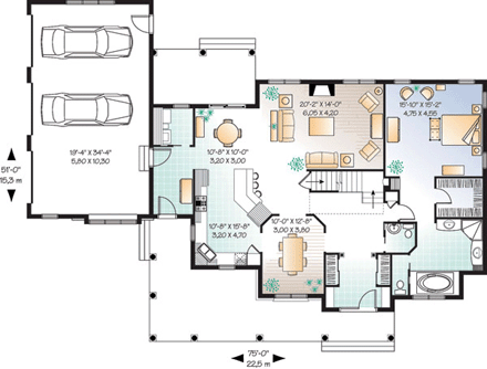 Traditional House Plan 65111 with 3 Beds, 3 Baths, 3 Car Garage First Level Plan