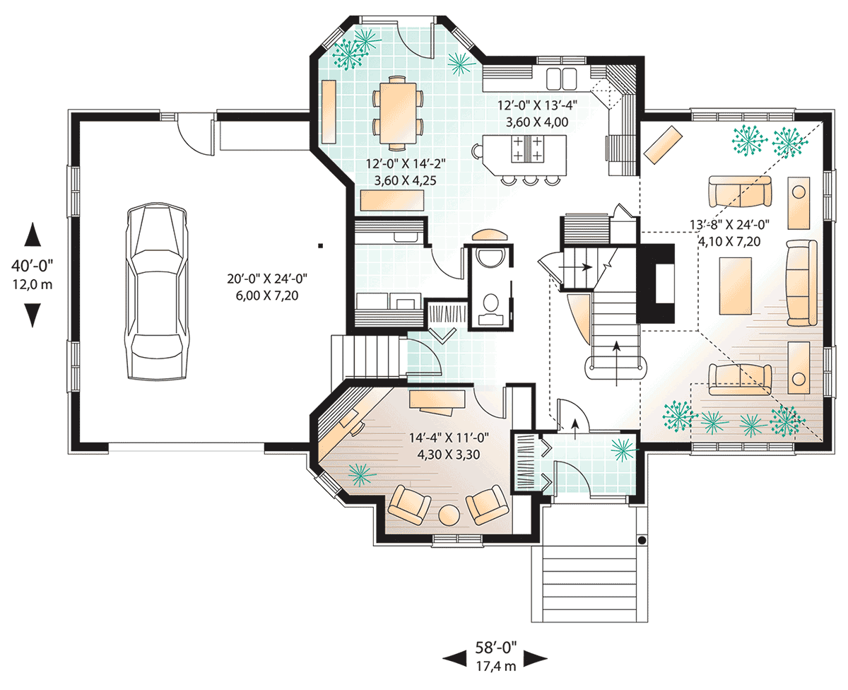 European House Plan 65233 with 3 Beds, 3 Baths, 1 Car Garage Level One