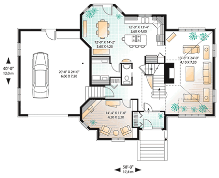 European House Plan 65233 with 3 Beds, 3 Baths, 1 Car Garage First Level Plan