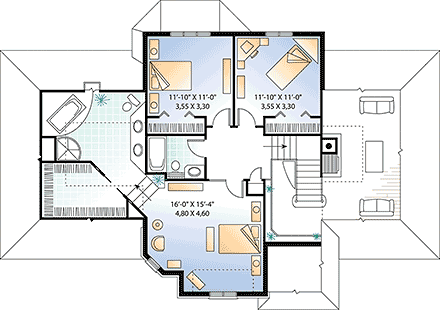 European House Plan 65233 with 3 Beds, 3 Baths, 1 Car Garage Second Level Plan