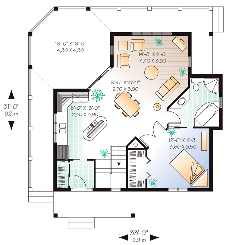 Bungalow, Cabin, Coastal, Country, Victorian House Plan 65263 with 1 Beds, 1 Baths Level One