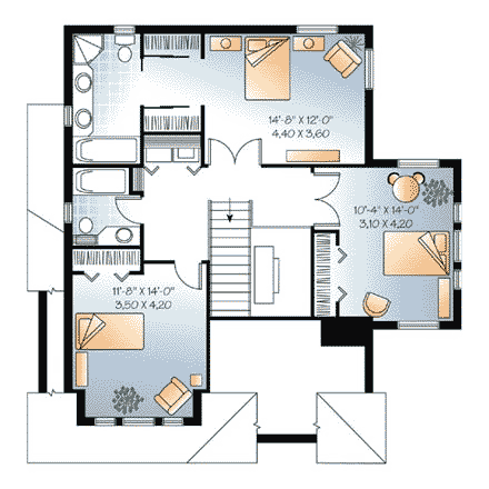 European House Plan 65304 with 3 Beds, 3 Baths, 1 Car Garage Second Level Plan