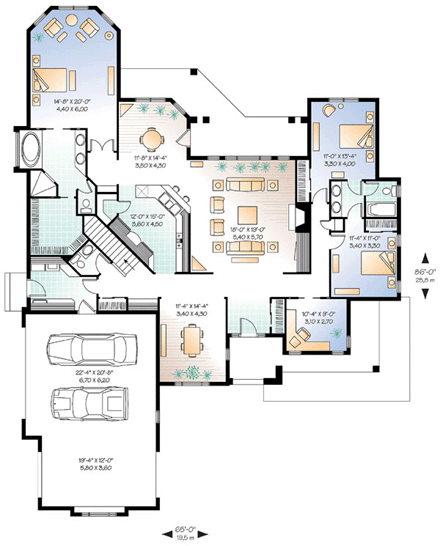 Florida, One-Story House Plan 65341 with 3 Beds, 3 Baths, 3 Car Garage First Level Plan