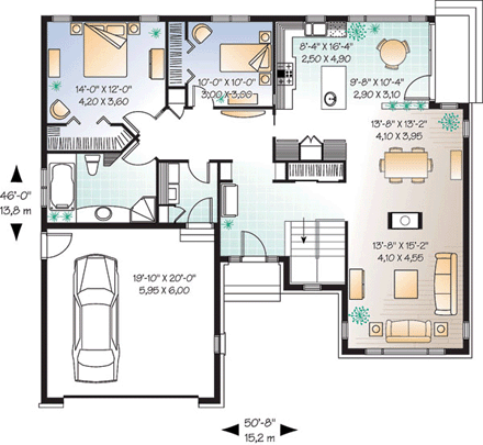 One-Story, Traditional House Plan 65346 with 2 Beds, 1 Baths, 2 Car Garage First Level Plan