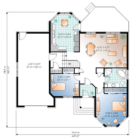 One-Story, Victorian House Plan 65375 with 2 Beds, 1 Baths, 1 Car Garage First Level Plan