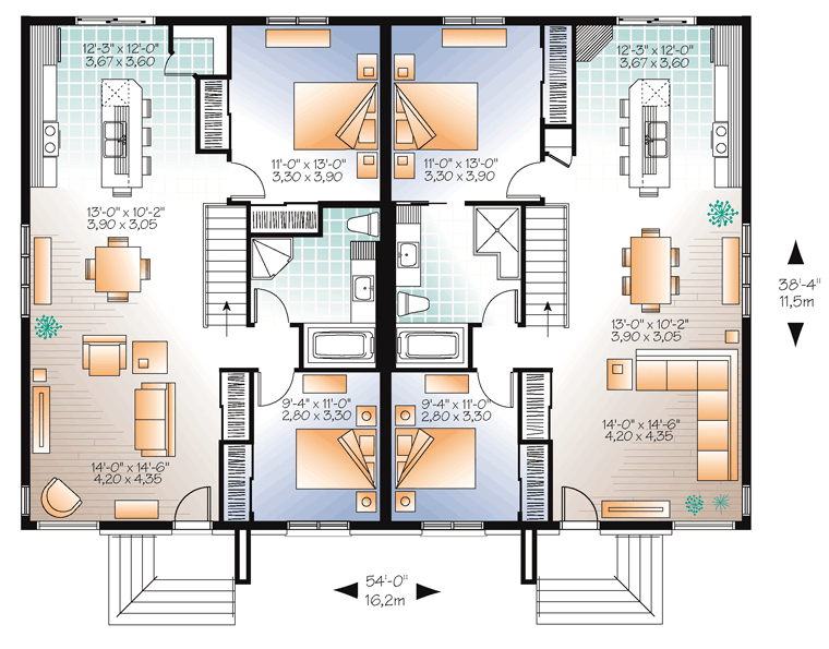 Contemporary Multi-Family Plan 65384 with 4 Beds, 2 Baths Level One