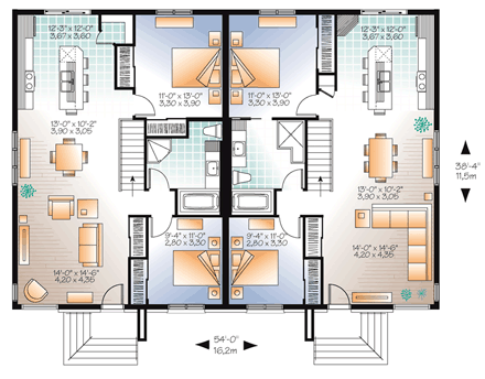Contemporary Multi-Family Plan 65384 with 4 Beds, 2 Baths First Level Plan
