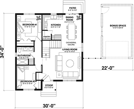 One-Story, Ranch House Plan 65387 with 2 Beds, 1 Baths First Level Plan