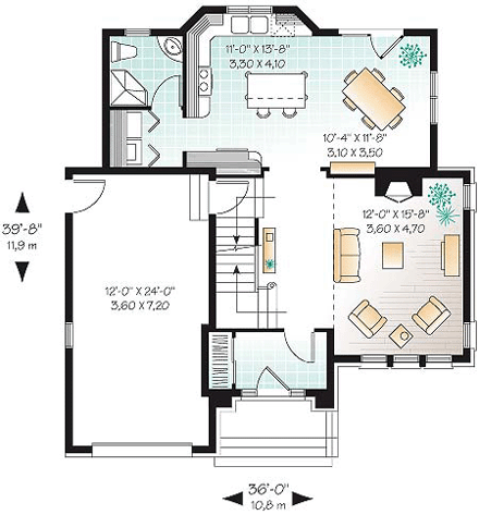 European House Plan 65409 with 3 Beds, 2 Baths, 1 Car Garage First Level Plan