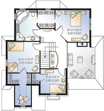 European House Plan 65409 with 3 Beds, 2 Baths, 1 Car Garage Second Level Plan