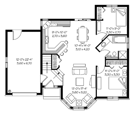 Contemporary, European House Plan 65415 with 2 Beds, 1 Baths, 1 Car Garage First Level Plan