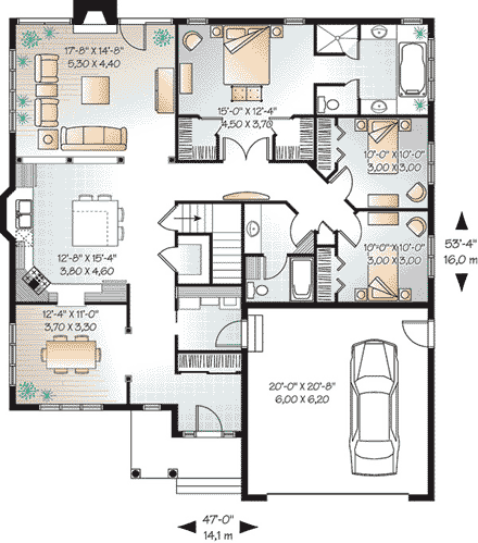Bungalow House Plan 65432 with 3 Beds, 2 Baths, 2 Car Garage First Level Plan