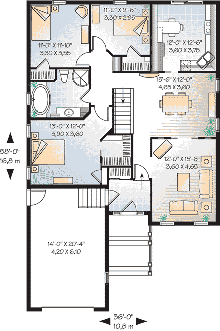 Bungalow, Country House Plan 65436 with 3 Beds, 1 Baths First Level Plan