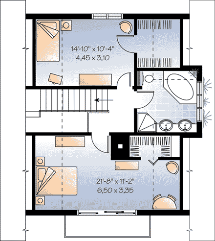 Narrow Lot House Plan 65443 with 3 Beds, 2 Baths Second Level Plan