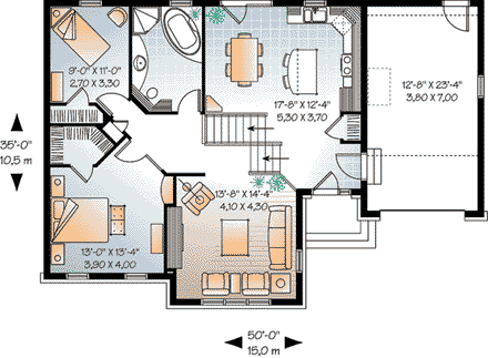 Craftsman, Narrow Lot, One-Story, Traditional House Plan 65449 with 2 Beds, 1 Baths, 1 Car Garage First Level Plan