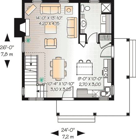 Country, Narrow Lot House Plan 65450 with 2 Beds, 2 Baths First Level Plan
