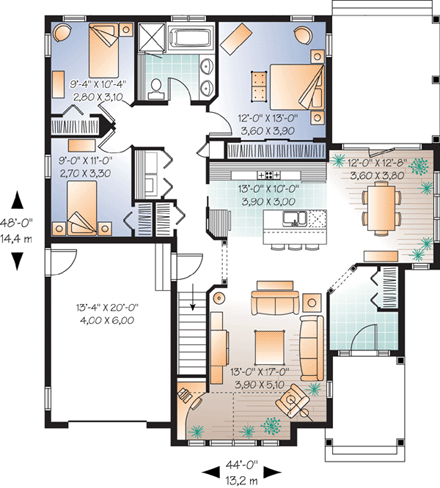 Bungalow House Plan 65540 with 3 Beds, 1 Baths, 1 Car Garage First Level Plan