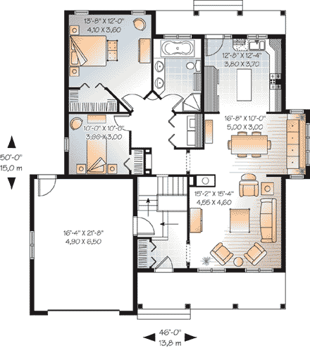 Bungalow, Country House Plan 65544 with 2 Beds, 1 Baths, 1 Car Garage First Level Plan