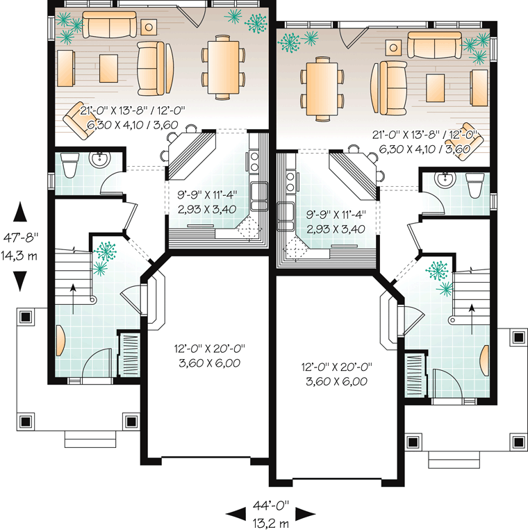 Craftsman Multi-Family Plan 65559 with 6 Beds, 4 Baths, 2 Car Garage Level One
