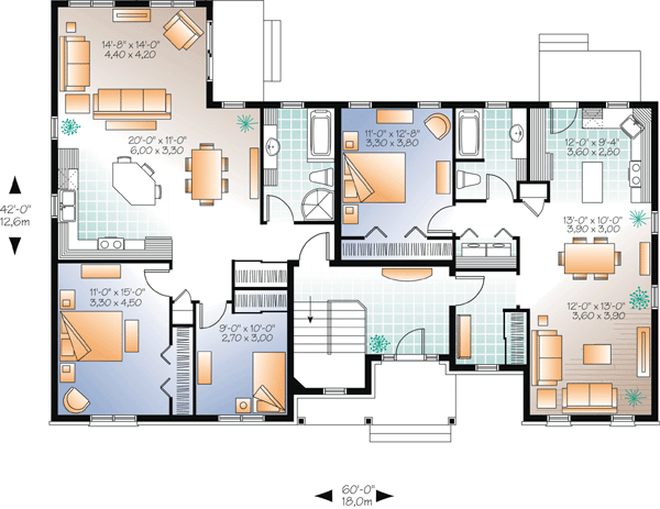 Multi-Family Plan 65574 with 3 Beds, 2 Baths Level One