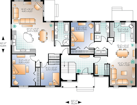 Multi-Family Plan 65574 with 3 Beds, 2 Baths First Level Plan