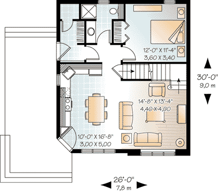 Traditional House Plan 65577 with 3 Beds, 2 Baths First Level Plan