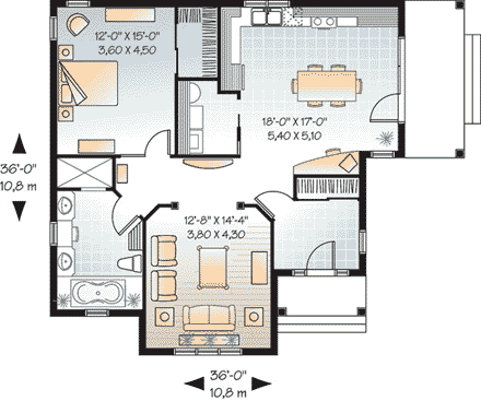 Bungalow, Country House Plan 65583 with 1 Beds, 1 Baths First Level Plan