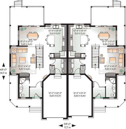 Country Multi-Family Plan 65589 with 6 Beds, 4 Baths, 2 Car Garage First Level Plan
