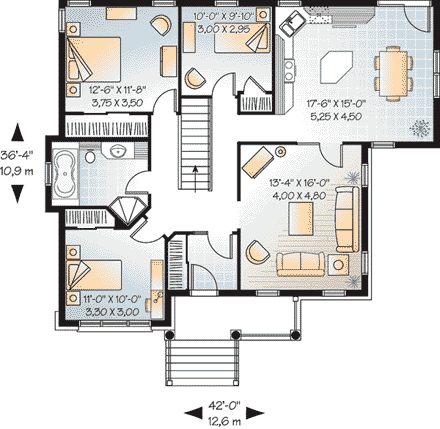 Bungalow, Country, European House Plan 65593 with 3 Beds, 1 Baths First Level Plan