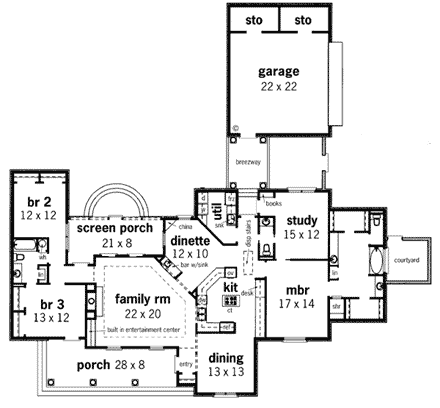Colonial House Plan 65605 with 3 Beds, 3 Baths, 2 Car Garage First Level Plan