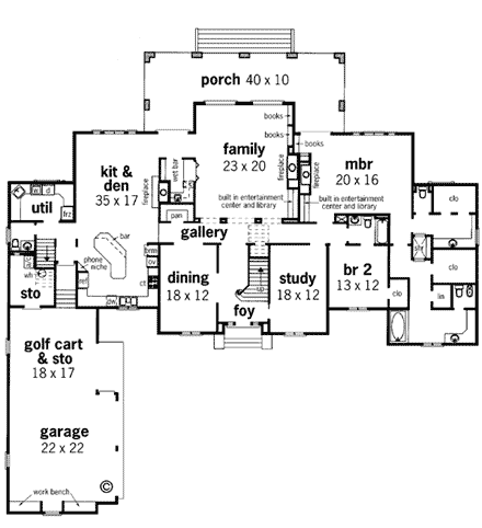 European House Plan 65609 with 4 Beds, 6 Baths, 3 Car Garage First Level Plan