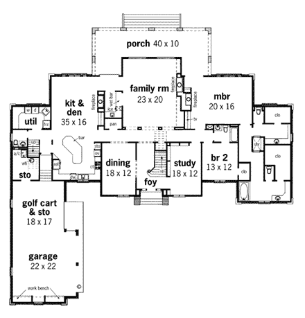 European House Plan 65610 with 4 Beds, 6 Baths, 3 Car Garage First Level Plan