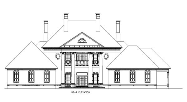 Colonial, Plantation, Southern Plan with 4242 Sq. Ft., 4 Bedrooms, 7 Bathrooms, 2 Car Garage Rear Elevation